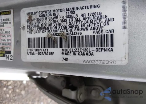 2004 Toyota Corolla Le from USA, damaged, VIN 2T1BR32E24C244396